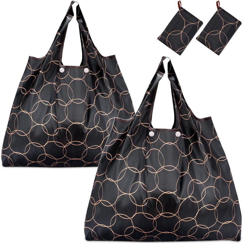 KINGMAS Reusable Grocery Bags, Eco-Friendly Folding Tote Shopping Bag fits in Pocket, Washable Waterproof Nylon Pouch Bags (2 Pack (Black)) - Image 1