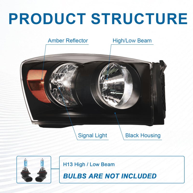 Fullux for 2006-2008 Dodge Ram 1500 2500 3500 Headlights Assembly Compatible 2007 2009 with Halogen Headlamps Amber Reflector Black Housing - Image 3