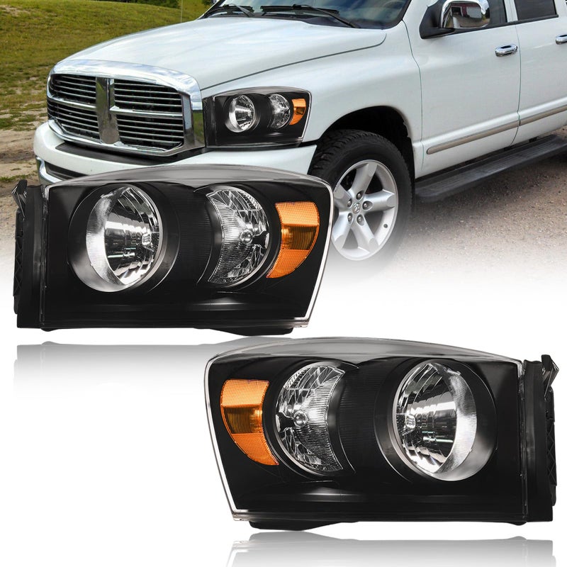 Fullux for 2006-2008 Dodge Ram 1500 2500 3500 Headlights Assembly Compatible 2007 2009 with Halogen Headlamps Amber Reflector Black Housing - Image 1