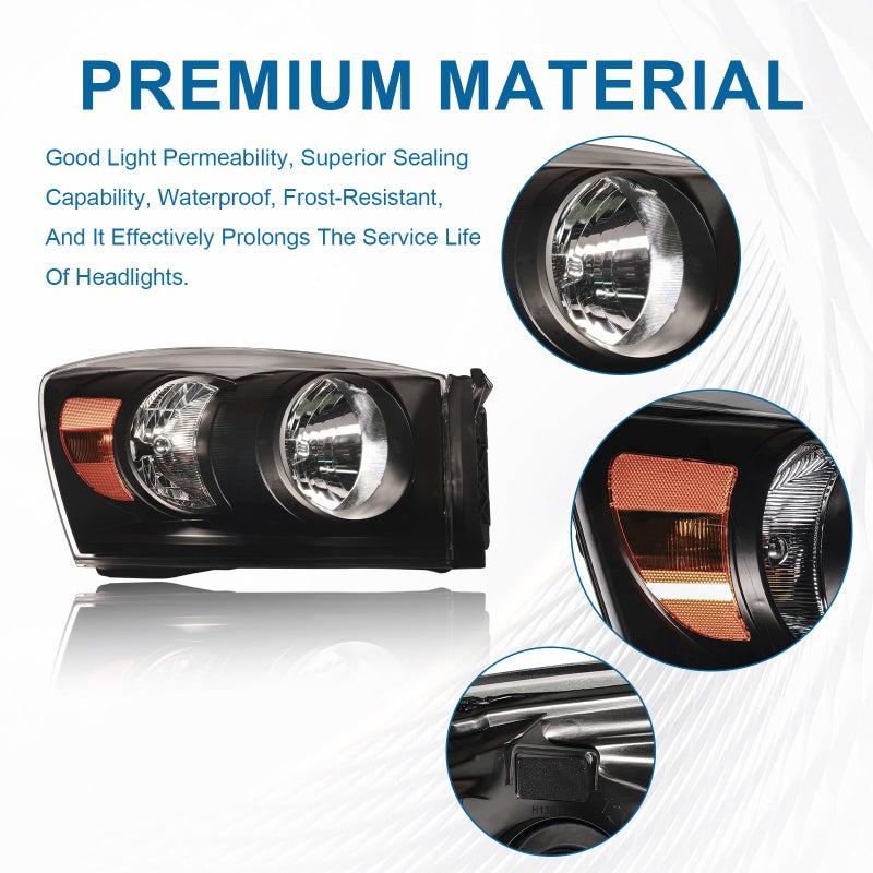 Fullux for 2006-2008 Dodge Ram 1500 2500 3500 Headlights Assembly Compatible 2007 2009 with Halogen Headlamps Amber Reflector Black Housing - Image 2