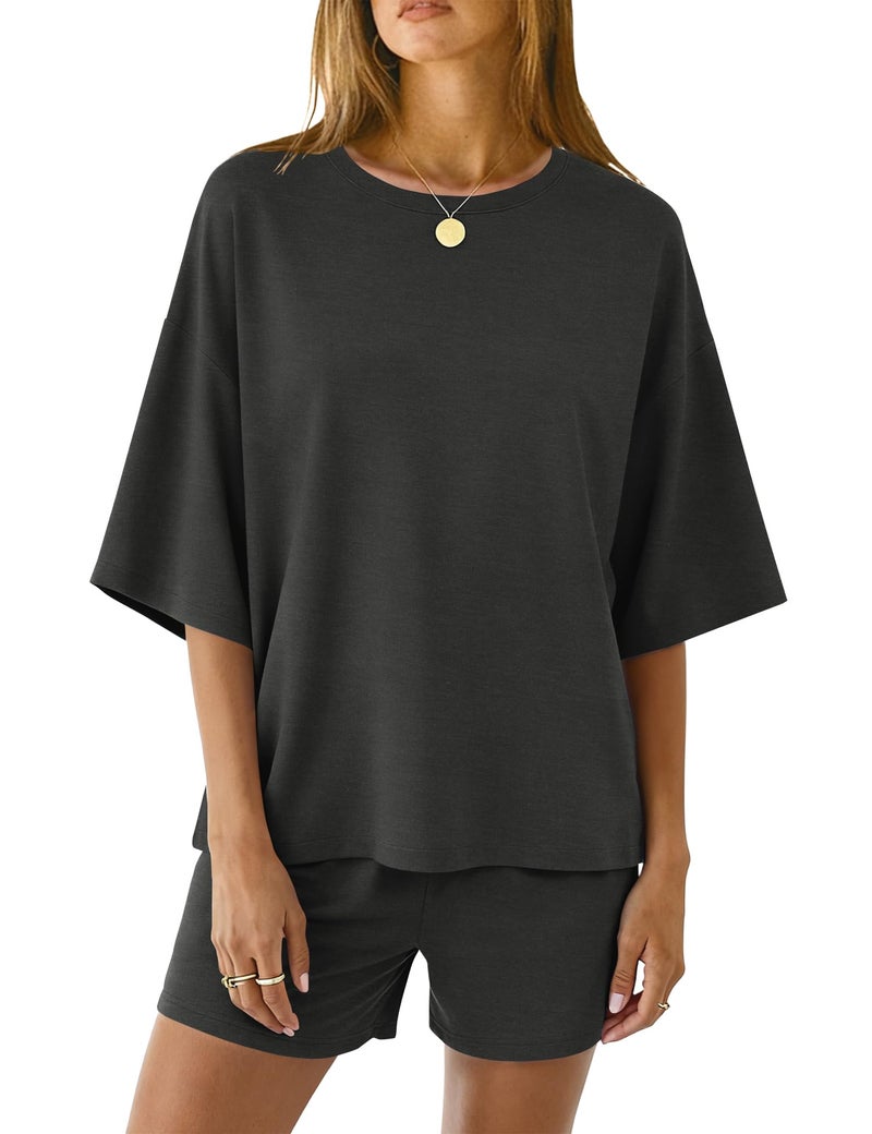 LOMON Short Sets Women 2 Piece Outfits 3/4 Sleeve Crewneck Pajamas Set Pjs Comfy Solid loungewear with Pockets (Black, L) - Image 1