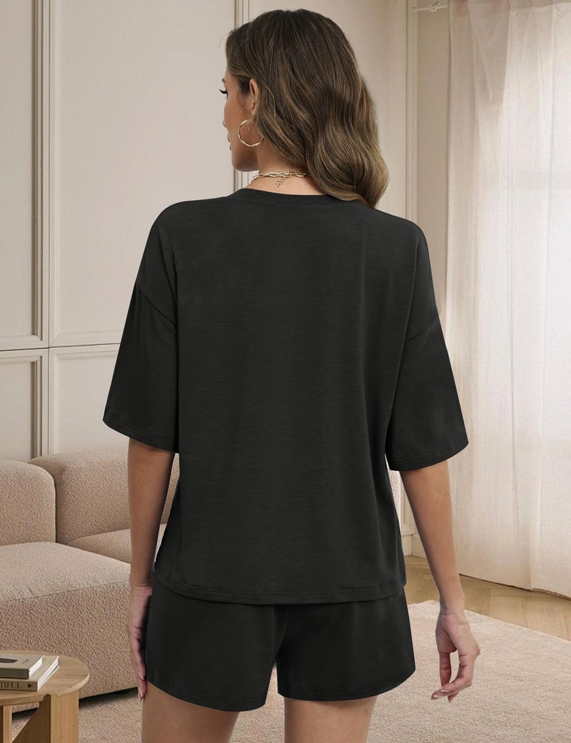 LOMON Short Sets Women 2 Piece Outfits 3/4 Sleeve Crewneck Pajamas Set Pjs Comfy Solid loungewear with Pockets (Black, L) - Image 2