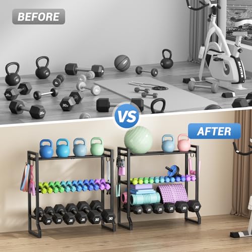VOPEAK 3-Tier Adjustable Dumbbell Rack, 31-Inch Weight Rack for Home Gym with 4 Hooks, Home Gym Storage for Kettlebells, Space-Saving Dumbbell Stand - 400LB Capacity (Rack Only) - Image 4