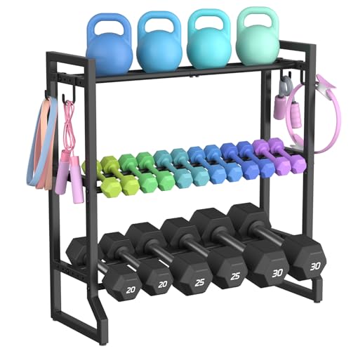 VOPEAK 3-Tier Adjustable Dumbbell Rack, 31-Inch Weight Rack for Home Gym with 4 Hooks, Home Gym Storage for Kettlebells, Space-Saving Dumbbell Stand - 400LB Capacity (Rack Only) - Image 1
