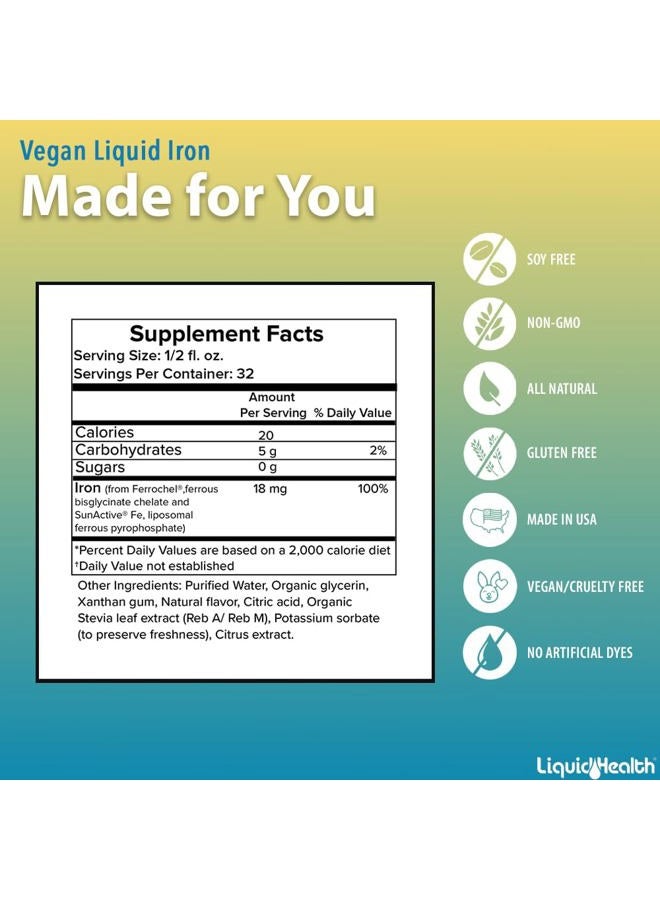 LIQUIDHEALTH مكمل الحديد السائل النباتي مع سون أكتيف وفيروشيل - طاقة طبيعية، دعم جهاز المناعة والتمثيل الغذائي، زيادة الوضوح العقلي، قبل وبعد الولادة - مصنوع في الولايات المتحدة، غير معدل وراثيًا (16 أونصة) - Image 5