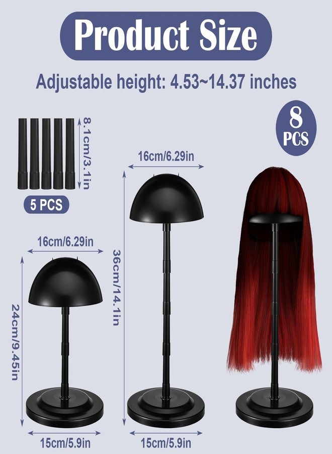 MBAIYO Adjustable Wig Stand,8pcs 4.33" to 14.17" Wigs Head Holders Portable Plastic Hat Stands Non-slip Sturdy for Multiple Fake Hair Styling Cap Storage (Black) - Image 4