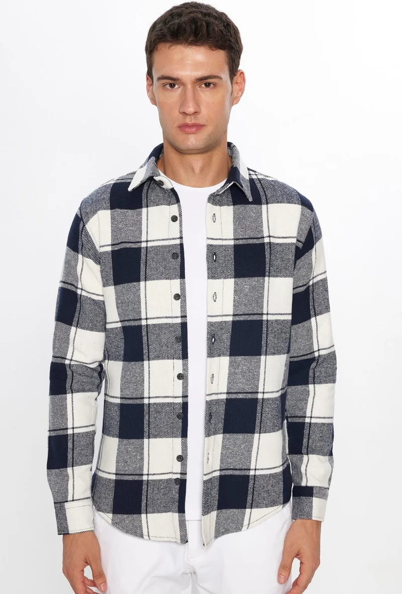 Tudors Slim Fit Slim Cut Checkered Lumberjack Navy Blue-White Men's Shirt