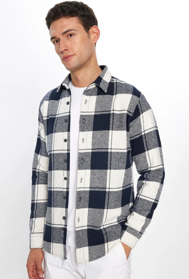 Tudors Slim Fit Slim Cut Checkered Lumberjack Navy Blue-White Men's Shirt