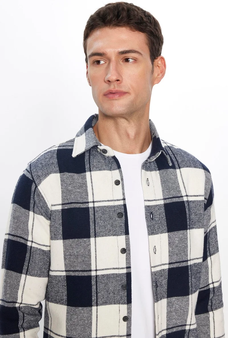 Tudors Slim Fit Slim Cut Checkered Lumberjack Navy Blue-White Men's Shirt
