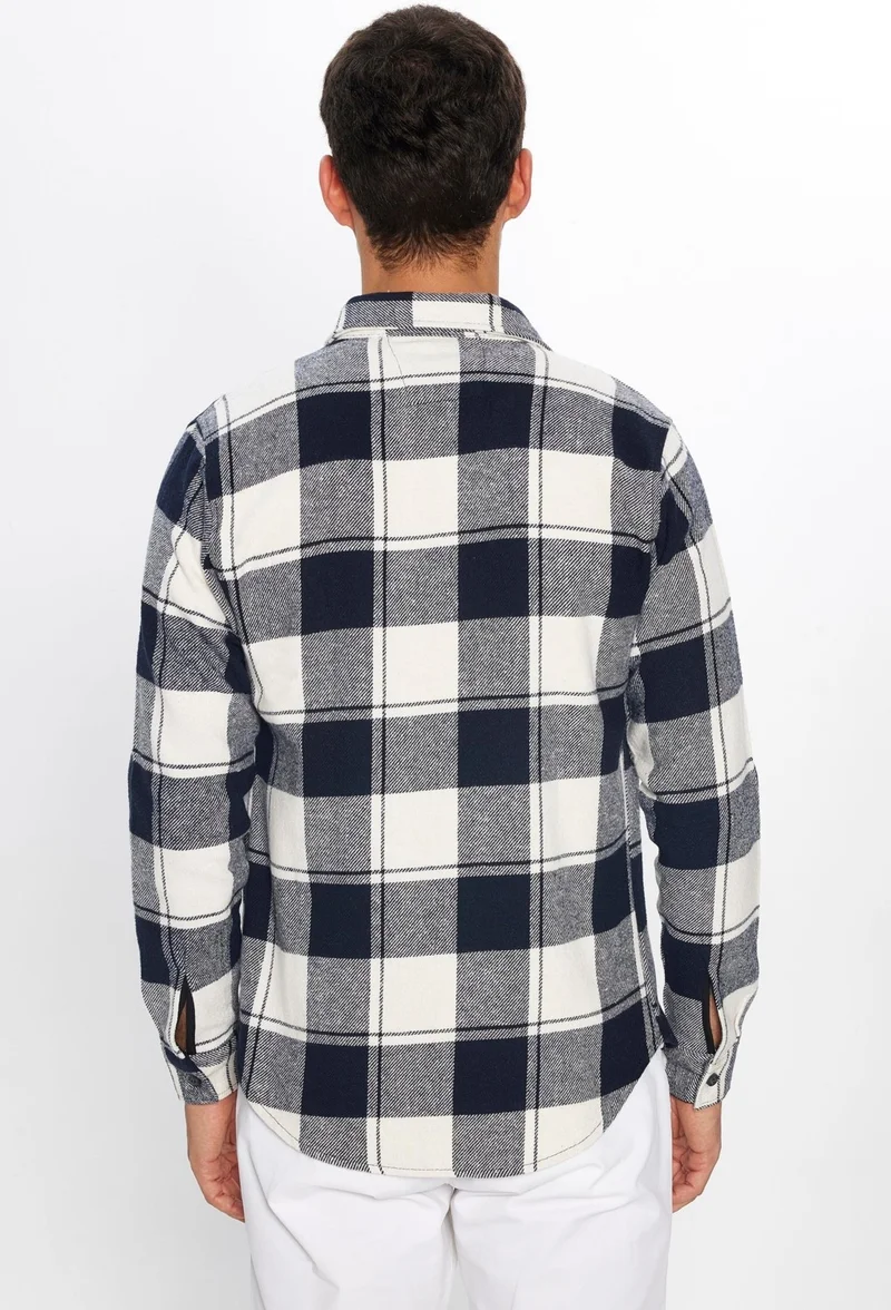 Tudors Slim Fit Slim Cut Checkered Lumberjack Navy Blue-White Men's Shirt