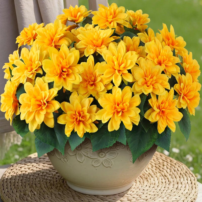 VIERENA 8 Bundles Artificial Dahlia Flowers for Outdoors Spring Summer Decor No Fade Silk Flower Faux Dahlias Plant Arrangement for Home Garden Balcony FarmhouseYellow - Image 2