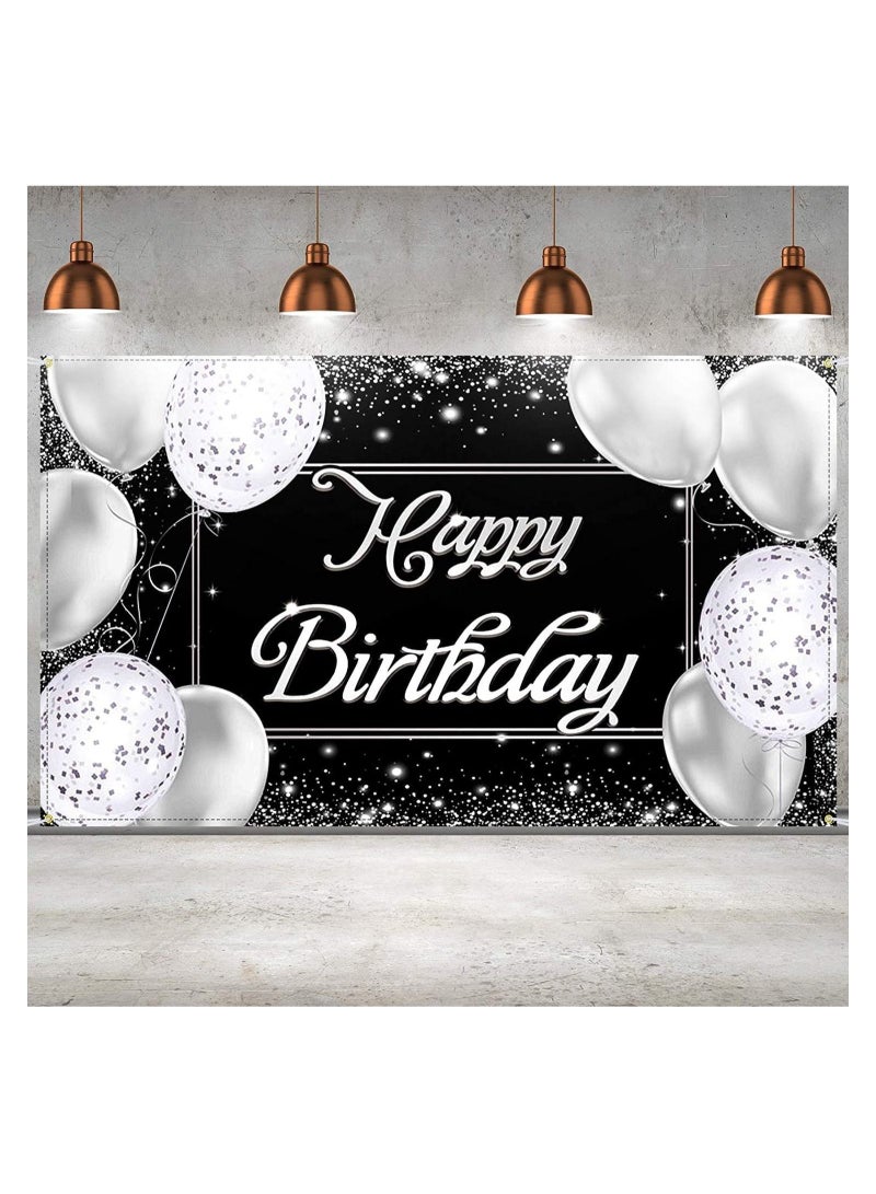 Captaintech Happy Birthday Backdrop Banner Black and Silver Photography Background Happy Birthday Banner Large Birthday Party Sign Poster Photography Backdrop Party Decoration Supplies for Men and Women - Image 1