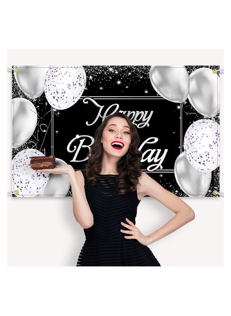 Captaintech Happy Birthday Backdrop Banner Black and Silver Photography Background Happy Birthday Banner Large Birthday Party Sign Poster Photography Backdrop Party Decoration Supplies for Men and Women - Image 4
