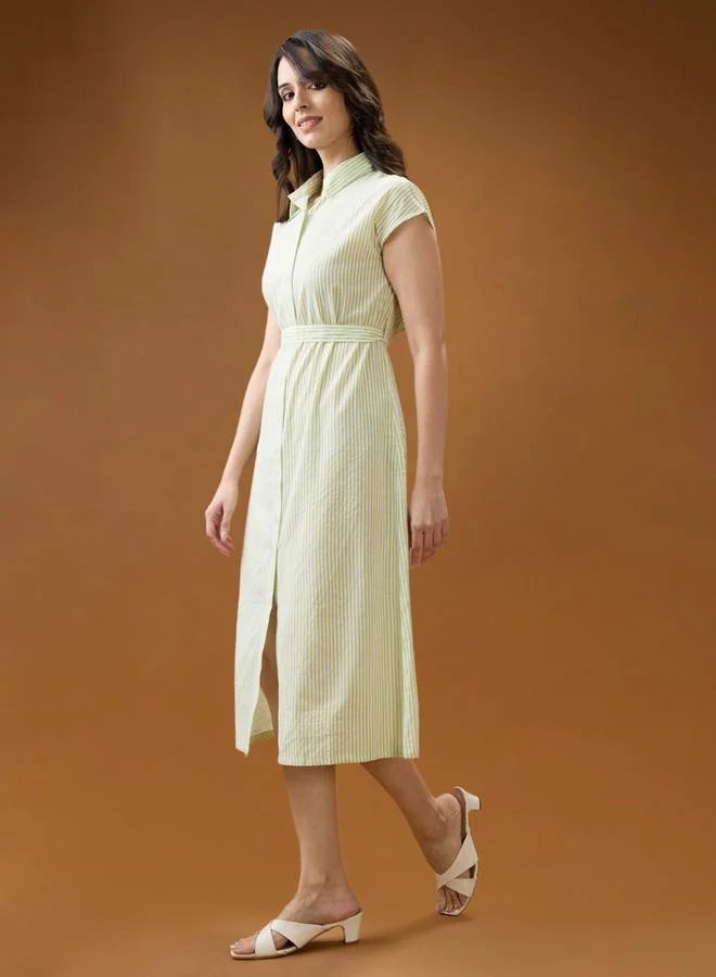 جلو باص فستان قميص ميدي مخطط بياقة قميص