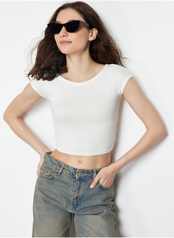 trendyol - White Crew Neck Moon Sleeve Crop Knitted Blouse TWOSS24BZ00446 - Image 1