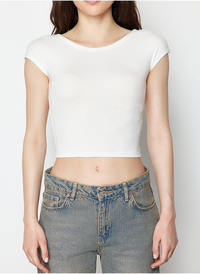 trendyol - White Crew Neck Moon Sleeve Crop Knitted Blouse TWOSS24BZ00446 - Image 1