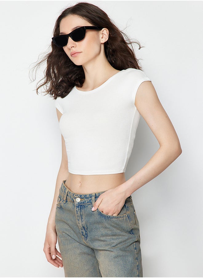 trendyol - White Crew Neck Moon Sleeve Crop Knitted Blouse TWOSS24BZ00446 - Image 1