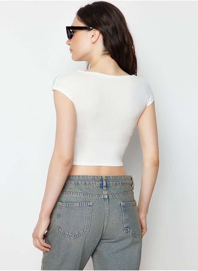 trendyol - White Crew Neck Moon Sleeve Crop Knitted Blouse TWOSS24BZ00446 - Image 1