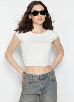 White Crew Neck Moon Sleeve Crop Knitted Blouse TWOSS24BZ00446