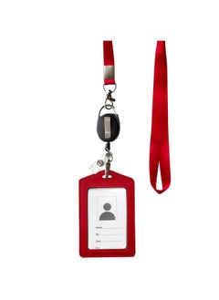 HoAoOo Id Card Case + Heavy Duty Lanyard (Red)+ Badge Holder Retractable Reel Carabiner And Plastic Clip (Soft Genuine Leather Case)  - Image 1