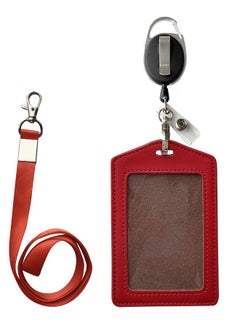 HoAoOo Id Card Case + Heavy Duty Lanyard (Red)+ Badge Holder Retractable Reel Carabiner And Plastic Clip (Soft Genuine Leather Case)  - Image 2