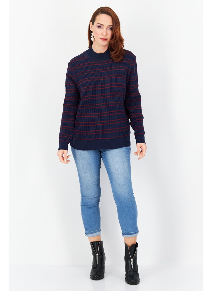 Tchibo Women Crew Neck Long Sleeves Stripe Sweater, Navy  - Image 3