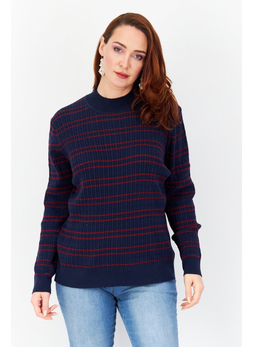 Tchibo Women Crew Neck Long Sleeves Stripe Sweater, Navy  - Image 1