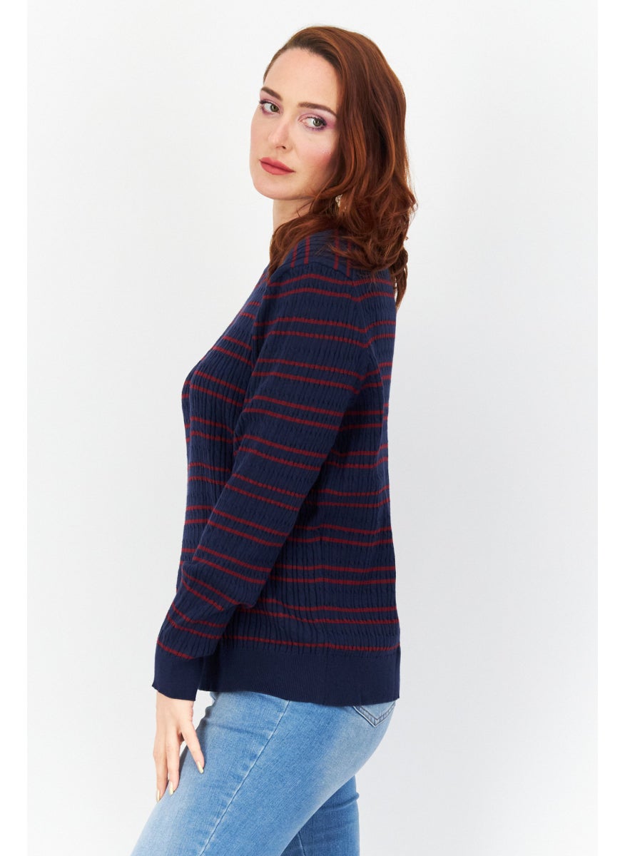 Tchibo Women Crew Neck Long Sleeves Stripe Sweater, Navy  - Image 4
