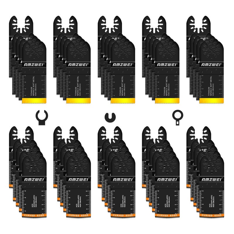 AMZWEI 50PCS Multi Tool Blade Kits, Professional Titanium Oscillating Tool Blades for Metal, Wood, Plastic, Curved Edge Oscillating Saw Blades Compatible with Dewalt Milwaukee Ryobi Rockwell Fein - Image 1