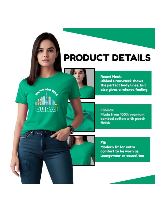 Happy New Year Dubai Adult Women T-Shirt Round Neck Short Sleeve Cotton T-Shirt With New Year Dubai Design-Perfect For New Year Party Celebrations - Image 4