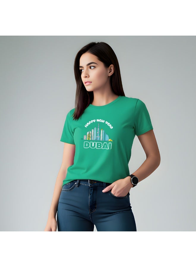 Happy New Year Dubai Adult Women T-Shirt Round Neck Short Sleeve Cotton T-Shirt With New Year Dubai Design-Perfect For New Year Party Celebrations - Image 3