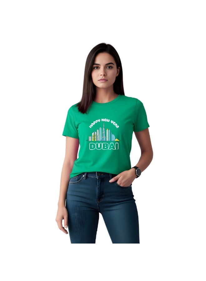 Happy New Year Dubai Adult Women T-Shirt Round Neck Short Sleeve Cotton T-Shirt With New Year Dubai Design-Perfect For New Year Party Celebrations - Image 1