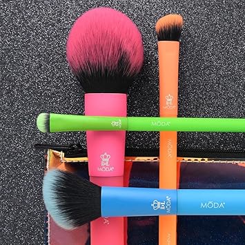 MODA مجموعة فرش مكياج كهربائية كاملة الحجم 5 قطع من مودة رويال لانكنيكيل مع حقيبة تشمل فرشاة بودرة دائرية وفرشاة بلشر مائلة وفرشاة شادر مائلة وفرشاة تلطيف متعددة الألوان نيون - Image 2