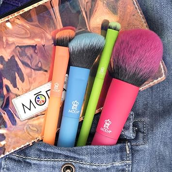 MODA مجموعة فرش مكياج كهربائية كاملة الحجم 5 قطع من مودة رويال لانكنيكيل مع حقيبة تشمل فرشاة بودرة دائرية وفرشاة بلشر مائلة وفرشاة شادر مائلة وفرشاة تلطيف متعددة الألوان نيون - Image 4
