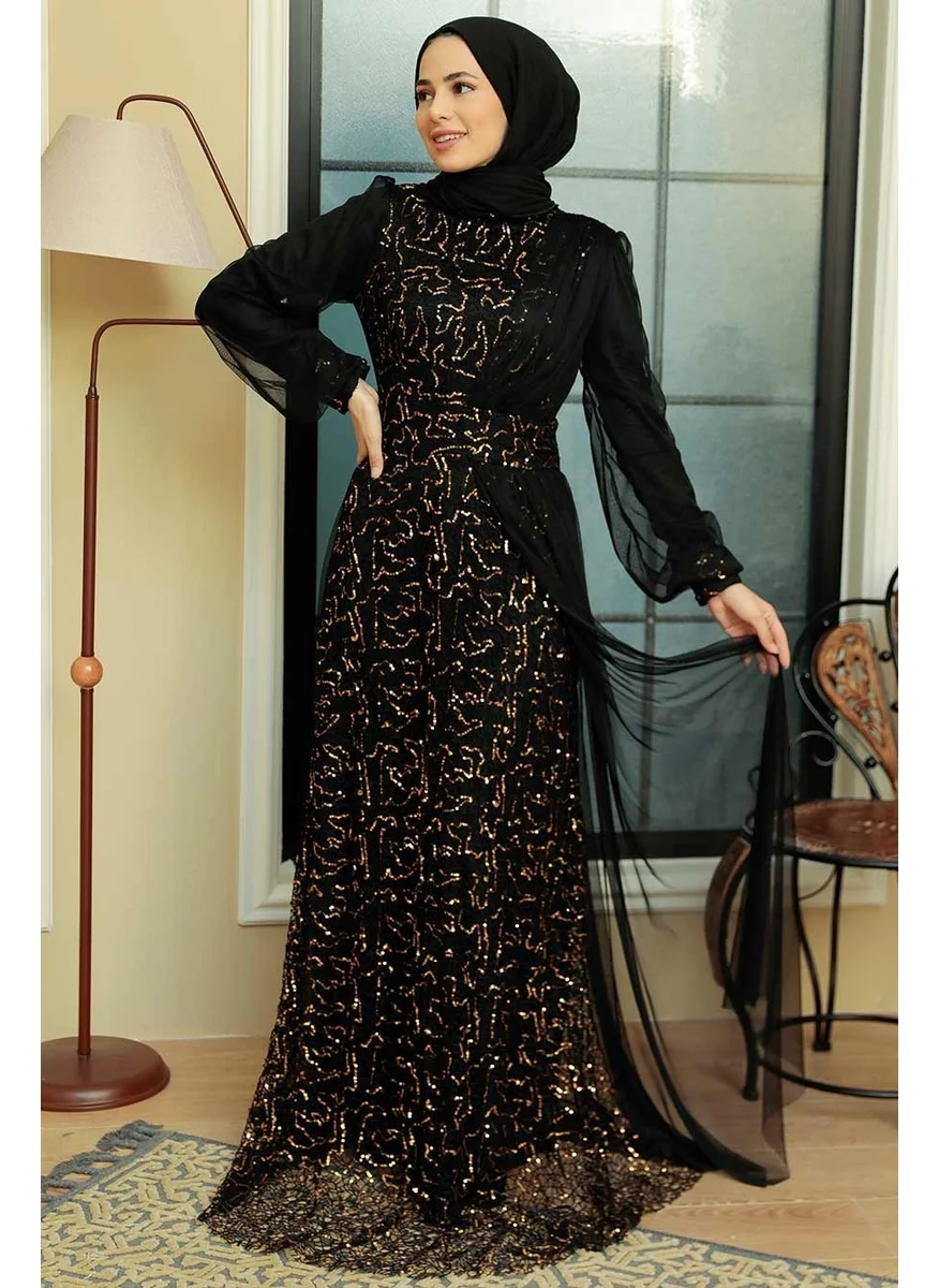 Neva Style Hijab Evening Dress - Sequin Sequin Embroidered Gold Hijab Evening Dress 5696GOLD