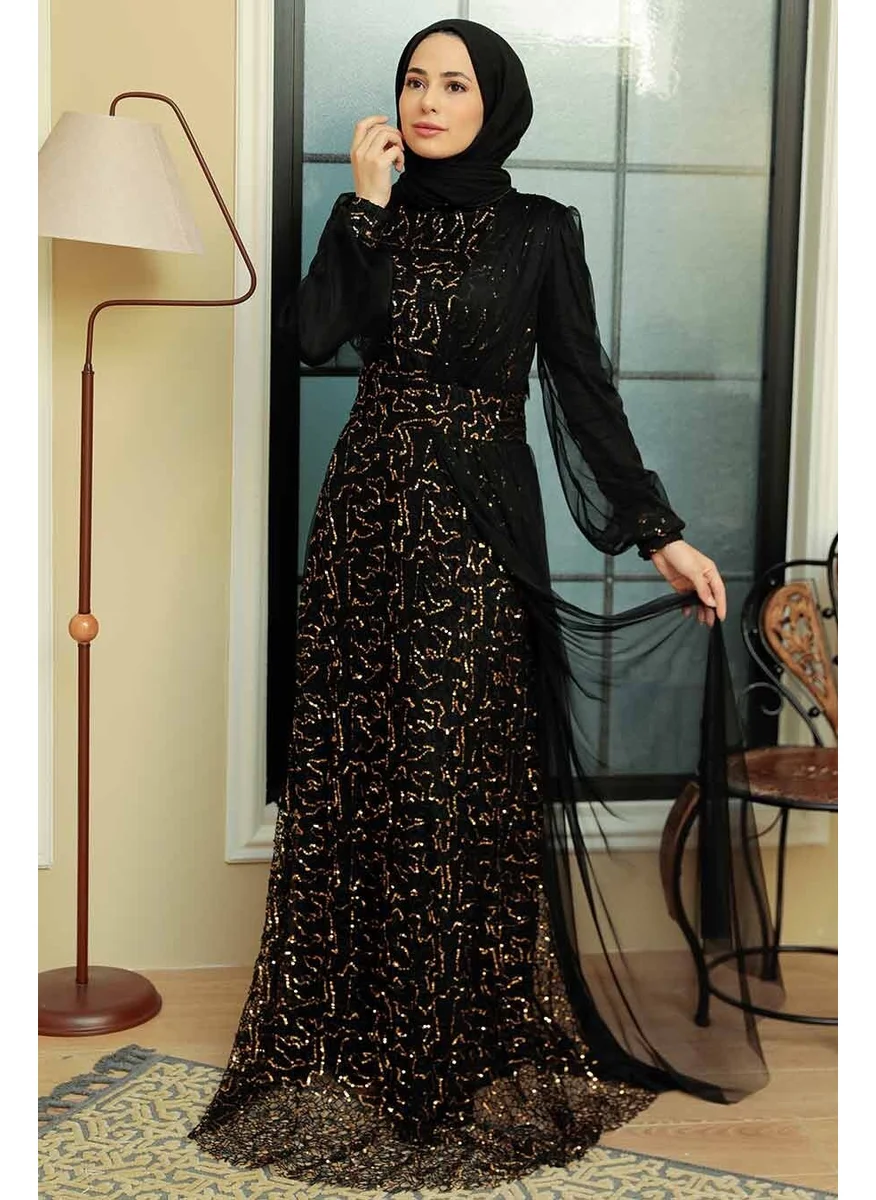 Neva Style Hijab Evening Dress - Sequin Sequin Embroidered Gold Hijab Evening Dress 5696GOLD