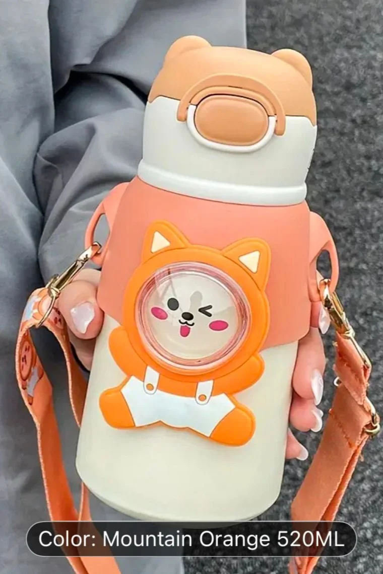 Mobcos Mobcos Cute Cartoon Kids Water Bottle with Straw and Adjustable Strap Food Grade Tritan One-Click Open Portable Leak Proof Insulated BPA Free For Kids Girls School Travel 500ml