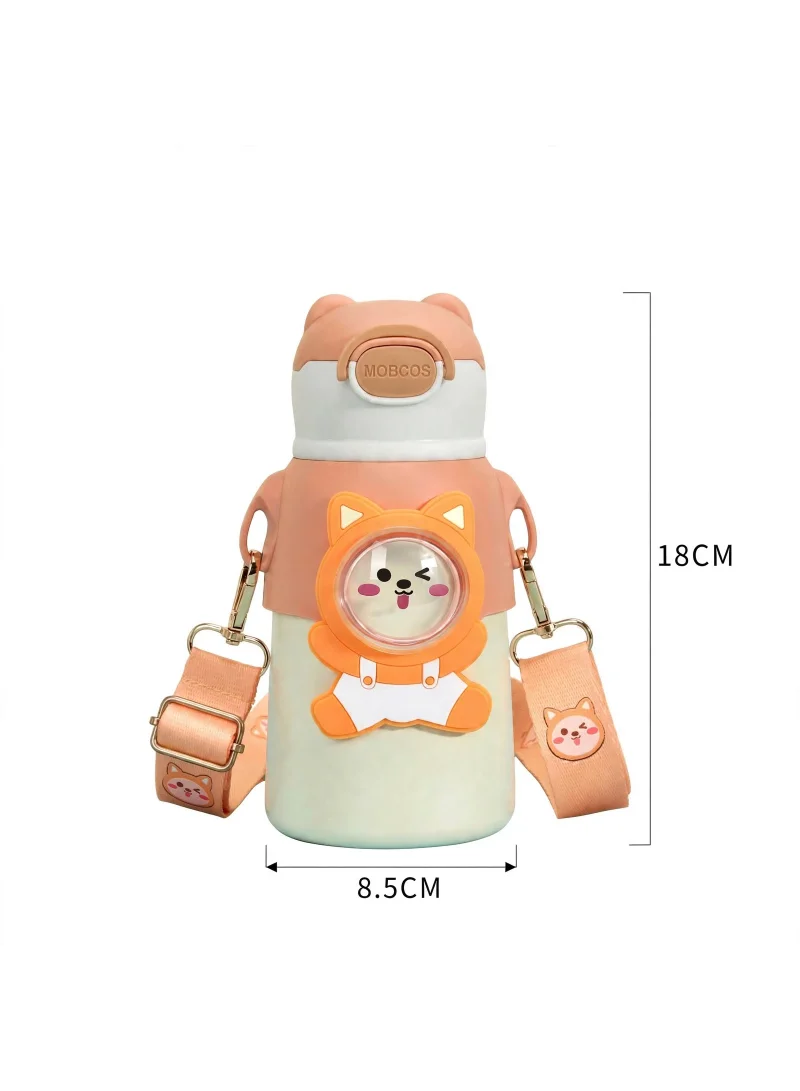 Mobcos Mobcos Cute Cartoon Kids Water Bottle with Straw and Adjustable Strap Food Grade Tritan One-Click Open Portable Leak Proof Insulated BPA Free For Kids Girls School Travel 500ml (Orange)