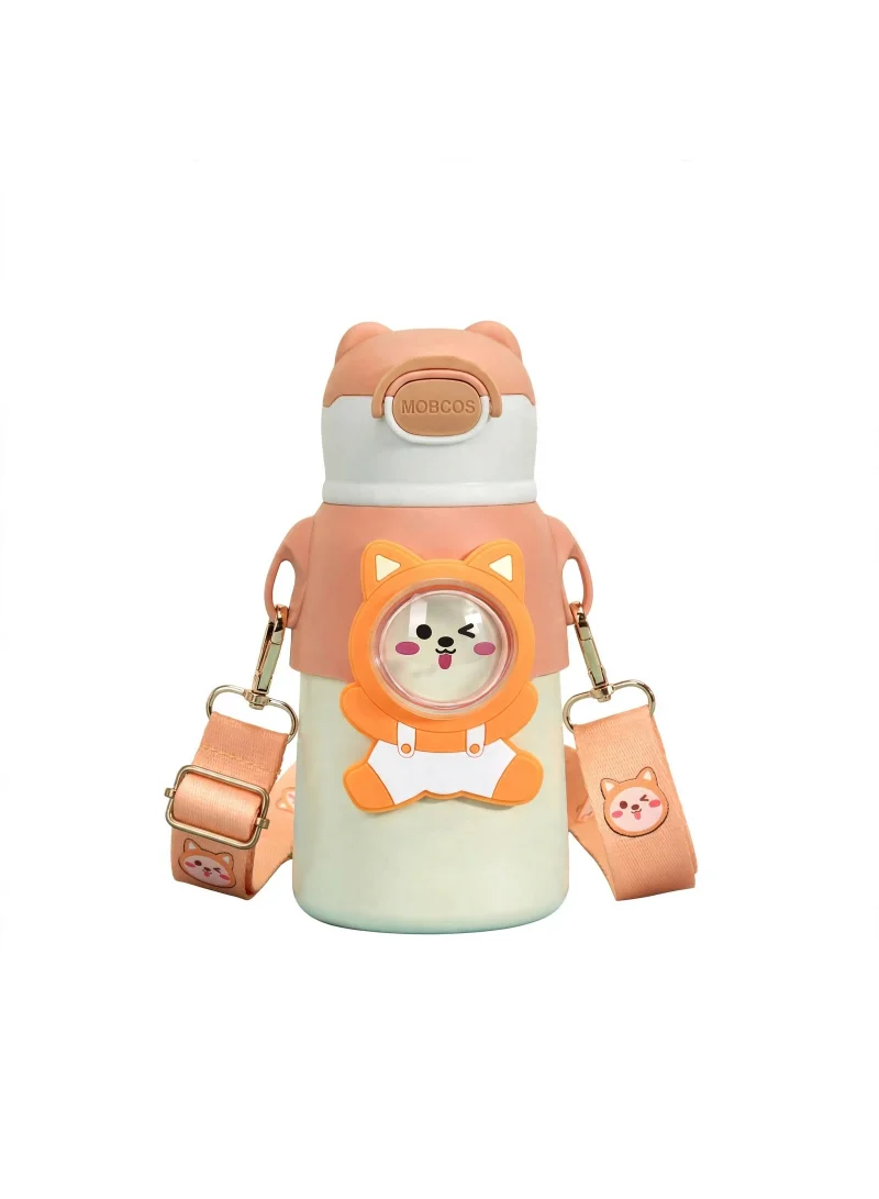 Mobcos Mobcos Cute Cartoon Kids Water Bottle with Straw and Adjustable Strap Food Grade Tritan One-Click Open Portable Leak Proof Insulated BPA Free For Kids Girls School Travel 500ml (Orange)