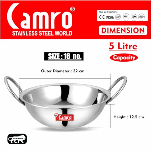 Camro Triply Round Bottom Kadhai (16 No, 5 Liters) | Gas Stove Compatible | Dishwasher Safe | DryVeg Hold Handles, Induction Friendly & Gas Ready, 6-Year Warranty - Image 2