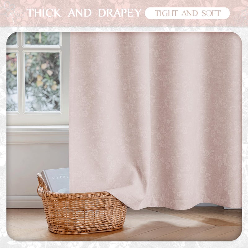 Beauoop Pink Floral Jacquard Blackout Curtains 84 Inches Long 2 Panels for Living Room Bedroom Chenille Flower Room Darkening Thermal Insulated Soundproof Grommet Window Drapes, 52x84 Set of 2 - Image 4