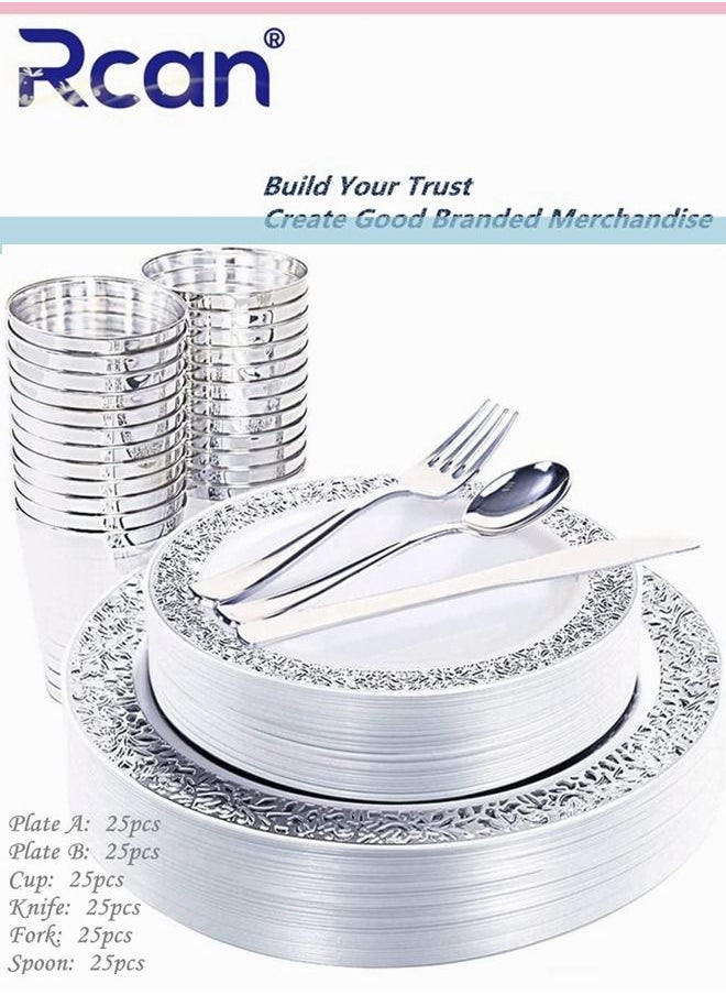 Rcan 150 Pcs/set Silver Upscale Wedding Dining Party Disposable Plastic Hollow-carved Cutlery Set, Party Supplies Plate, Spoon, Fork, Knife, Cup, Party Tableware (25 Guest)  - Image 1