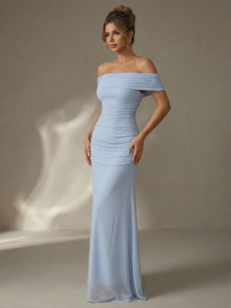 OYOANGLE Women's Off the Shoulder Maxi Dress Short Sleeve Elegant Ruched Party Wedding Guest Dresses Light Blue Medium - Image 4