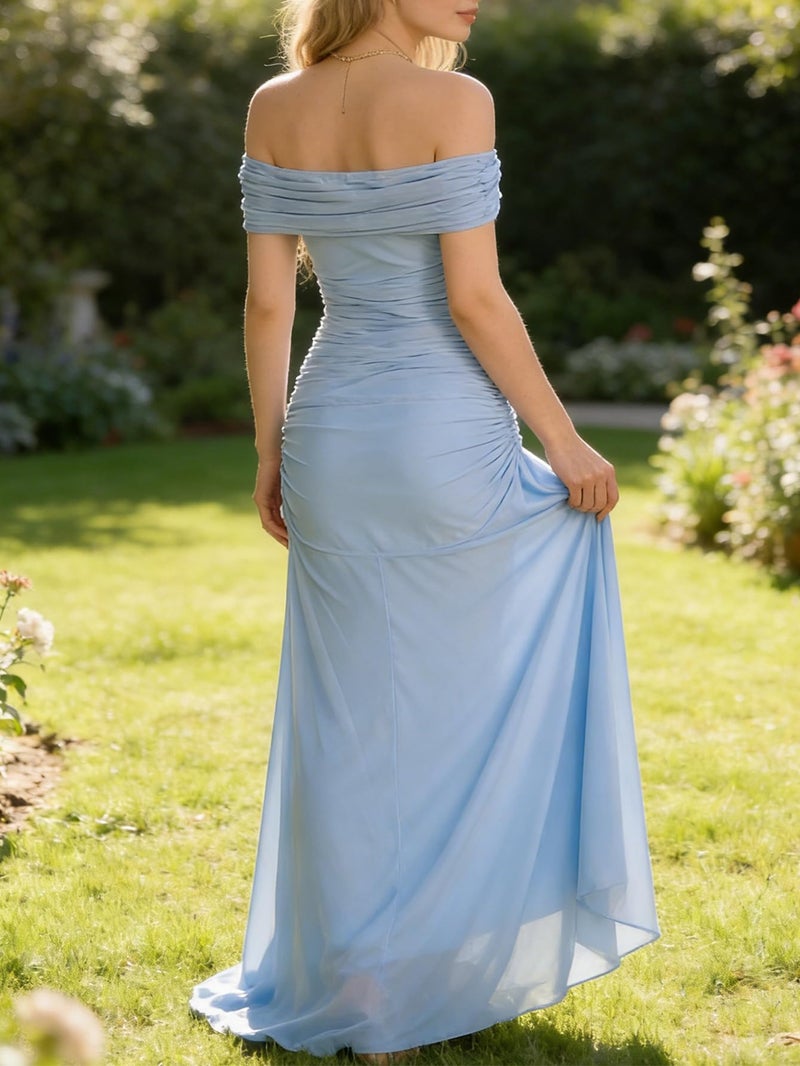 OYOANGLE Women's Off the Shoulder Maxi Dress Short Sleeve Elegant Ruched Party Wedding Guest Dresses Light Blue Medium - Image 3