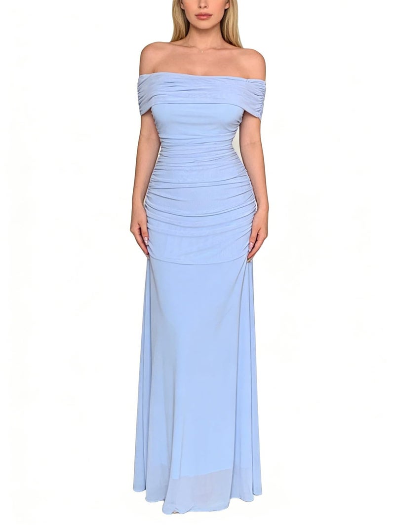 OYOANGLE Women's Off the Shoulder Maxi Dress Short Sleeve Elegant Ruched Party Wedding Guest Dresses Light Blue Medium - Image 1