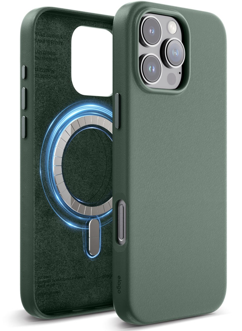 Elago Magnetic Leather Case for iPhone 16 Pro MAX Compatible with MagSafe, Vegan Leather, Shockproof, Water-Resistant - Midnight Green