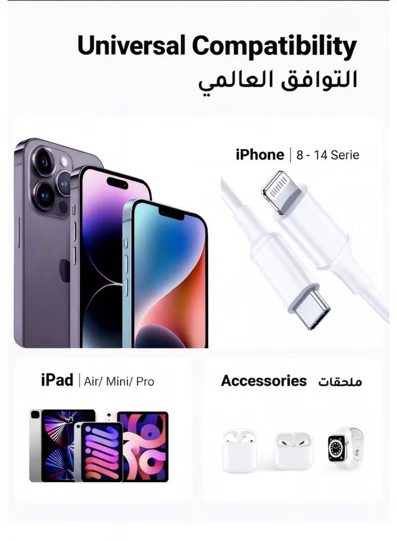 فلوينغ كابل شحن USB-C إلى Lightning بطول 1 متر، معتمد من MFi، يدعم الشحن السريع PD بقدرة 20 واط ونقل البيانات، متوافق مع iPhone 14 و14 Plus و14 Pro و14 Pro Max، وسلسلة iPhone 13 و12 و11، وiPhone XS وXR وX و8، بالإضافة إلى أجهزة iPad - Image 3