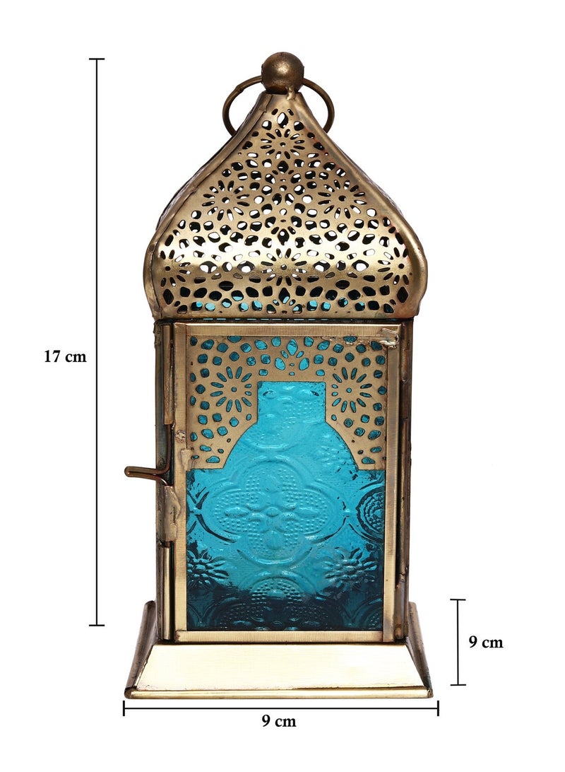Hilalful فوانيس هلالفل اليدوية الزخرفية، متوسطة | مناسبة للديكور الداخلي والخارجي | الطراز المغربي العربي | لتزيين المنزل في رمضان، عيد | حديد | هدية إسلامية | زجاج تركوازي - Image 4