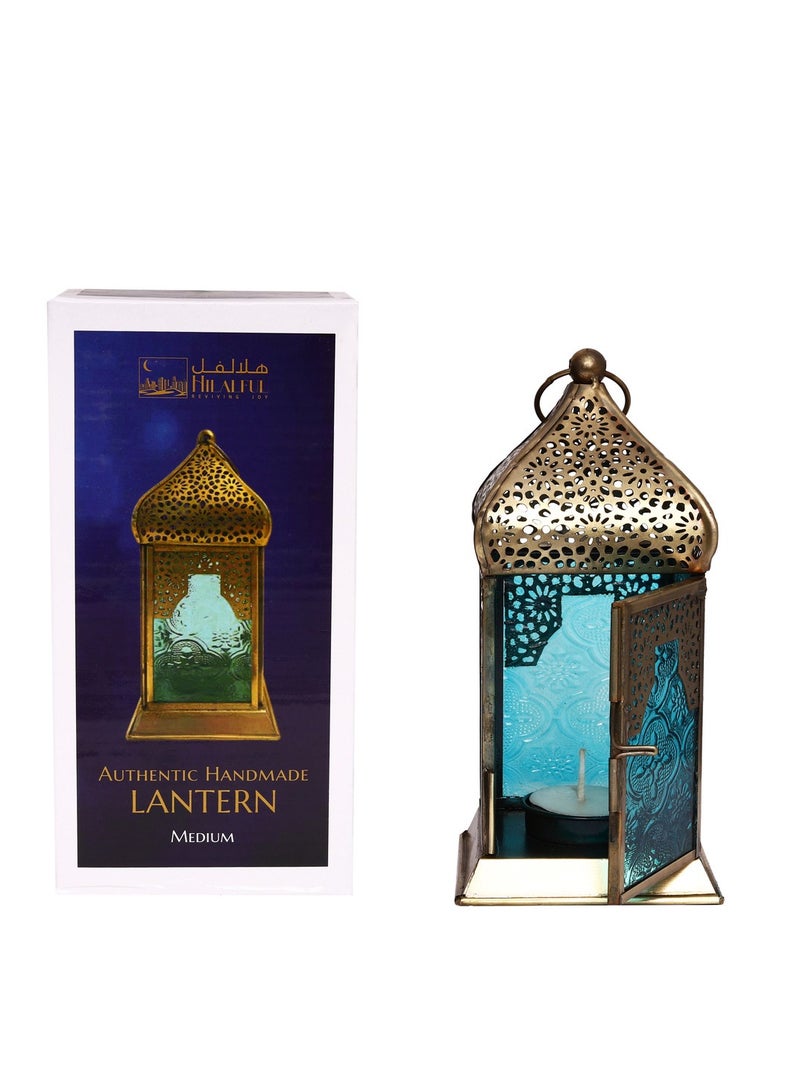 Hilalful فوانيس هلالفل اليدوية الزخرفية، متوسطة | مناسبة للديكور الداخلي والخارجي | الطراز المغربي العربي | لتزيين المنزل في رمضان، عيد | حديد | هدية إسلامية | زجاج تركوازي - Image 3