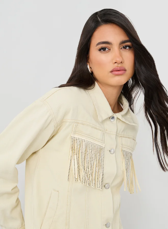 Styli Styli Regular Fit Buttoned Denim Jacket with Fringes Detail